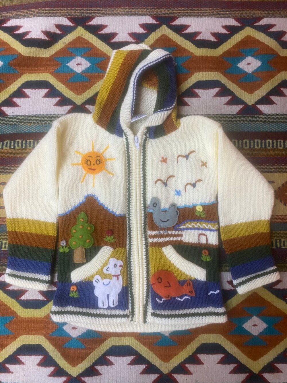 Peruvian Kid's Knit Sweater Size 6 Handmade Zip Up Hoodie Animal Children Gift